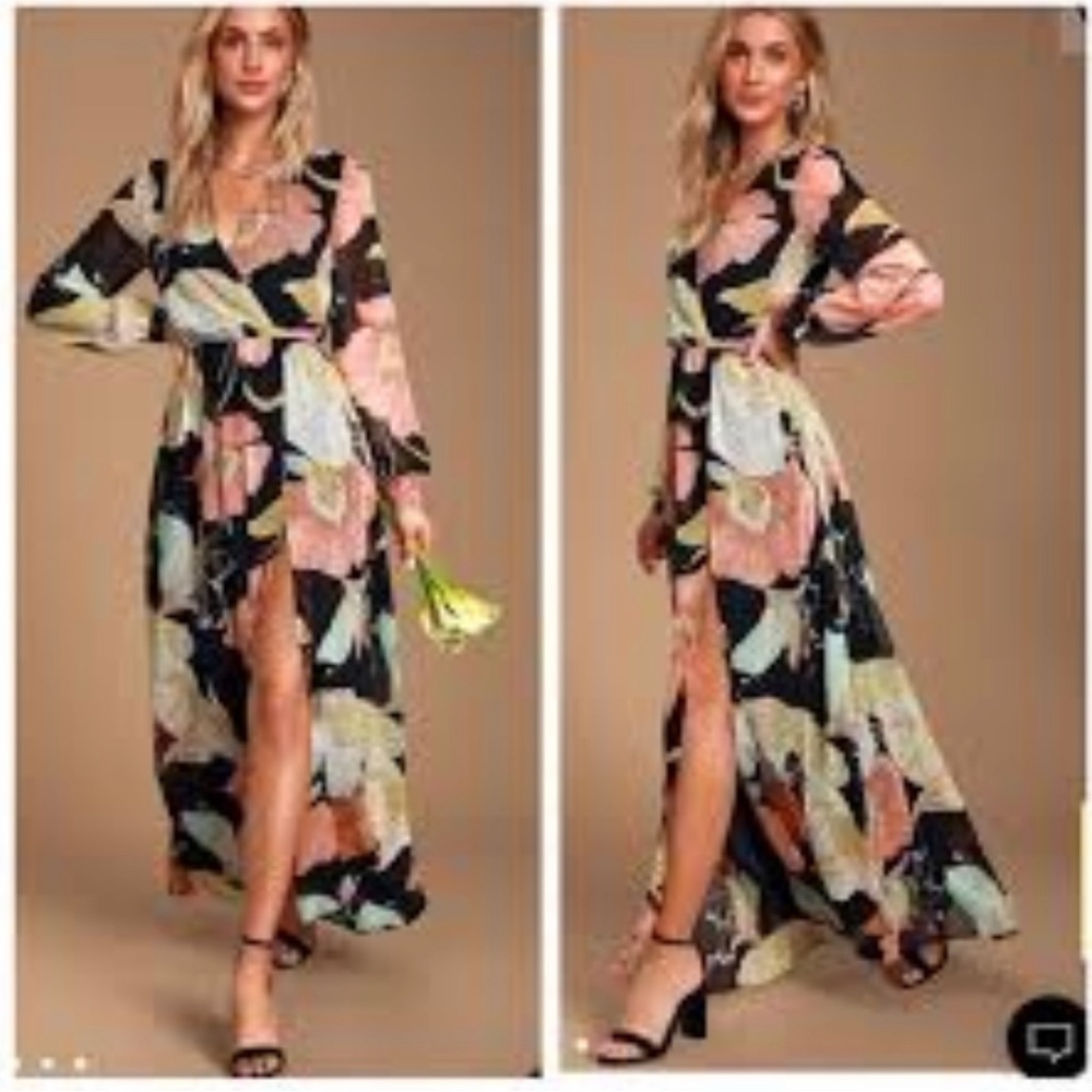 NWT Lulu’s Wondrous Water Lilies Black Floral Print maxi dress S.